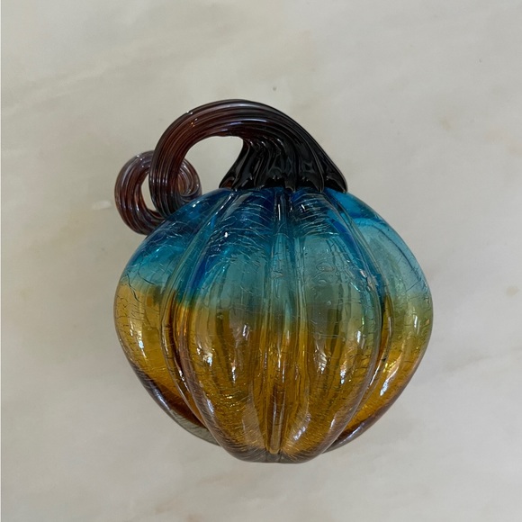 Art Glass Turquoise, Amber, and Brown Pumpkin with Curly Stem. 5”- 5 1/2” Dia - Picture 4 of 10